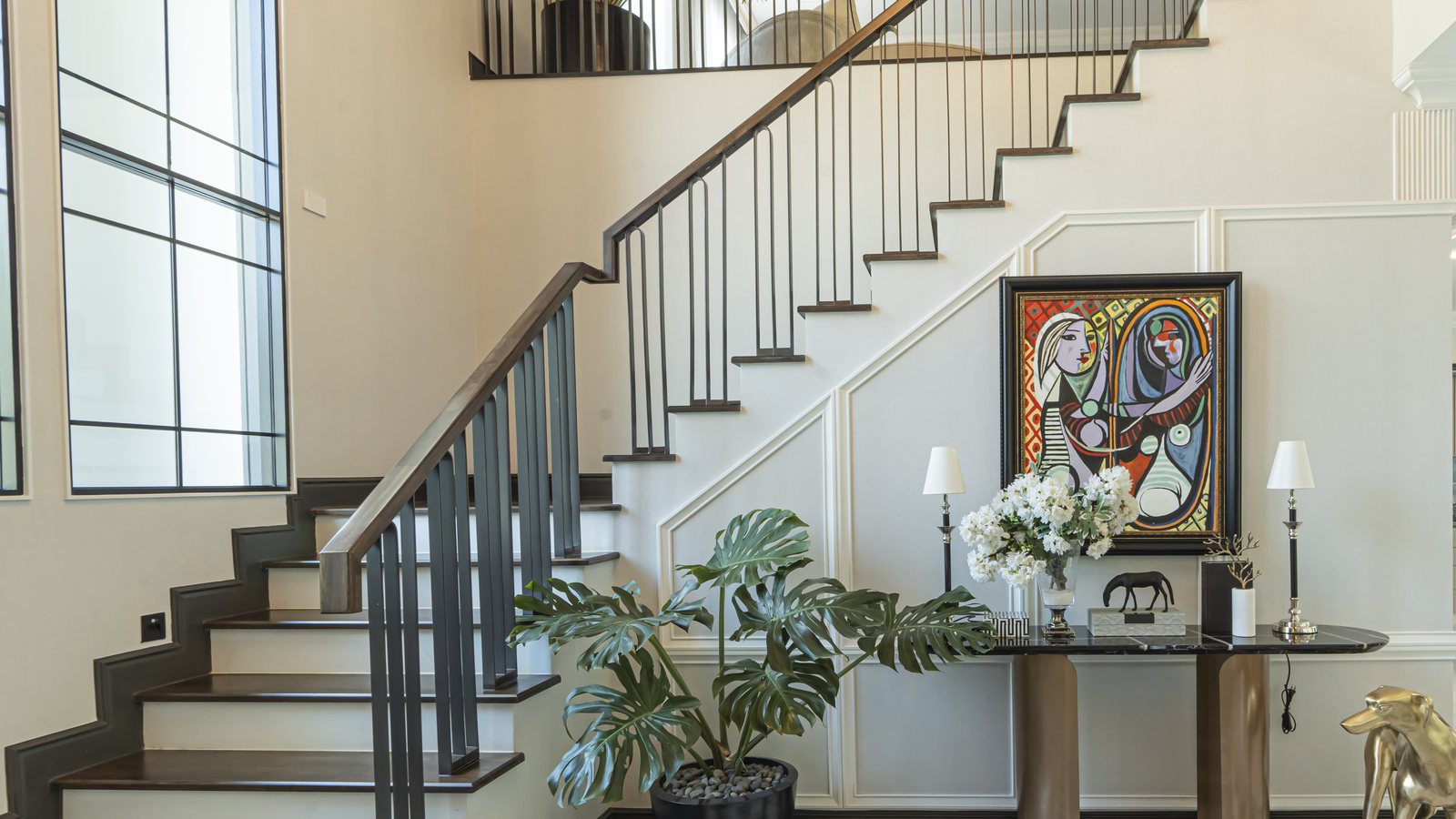 Stair hall over a chequerboard floor