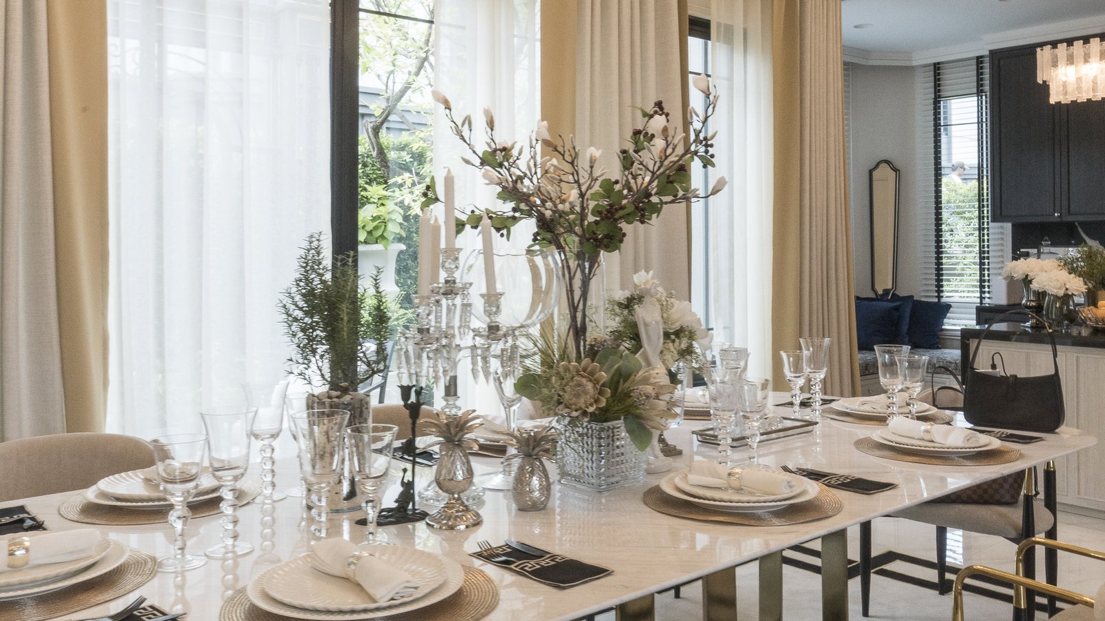 Dining room beneath the chandelier