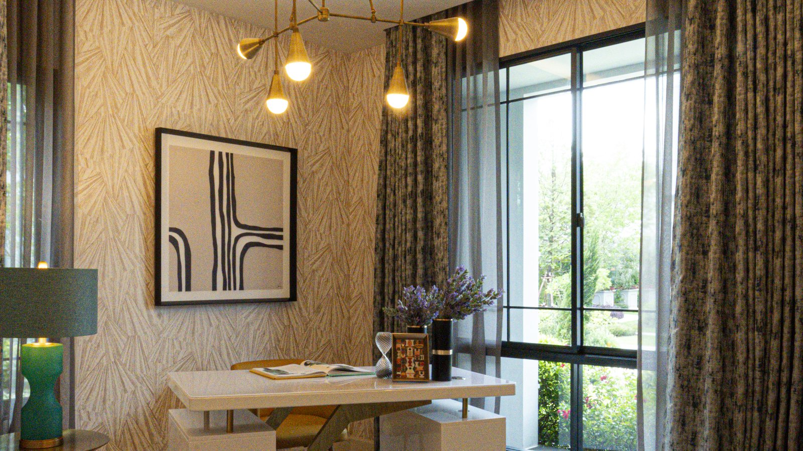 Study desk against patterned flooring